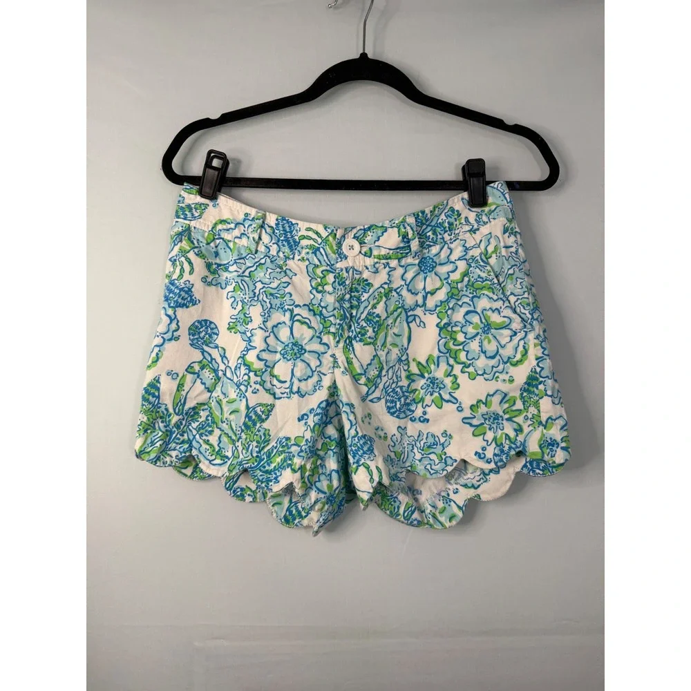 Lilly Pulitzer Buttercup Shorts Womens 4 Blue Green Floral Scalloped Hem Cotton